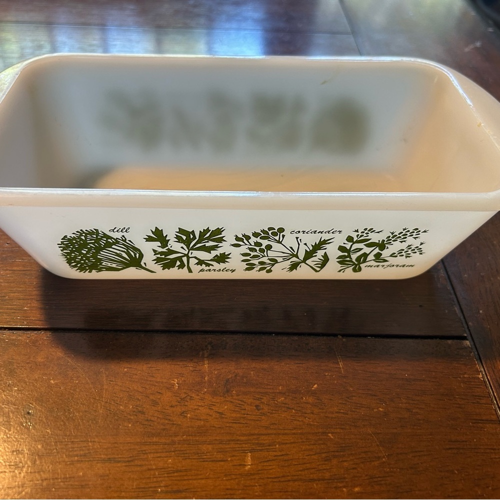Vintage GlassBake Loaf Pan Green Herb Pattern